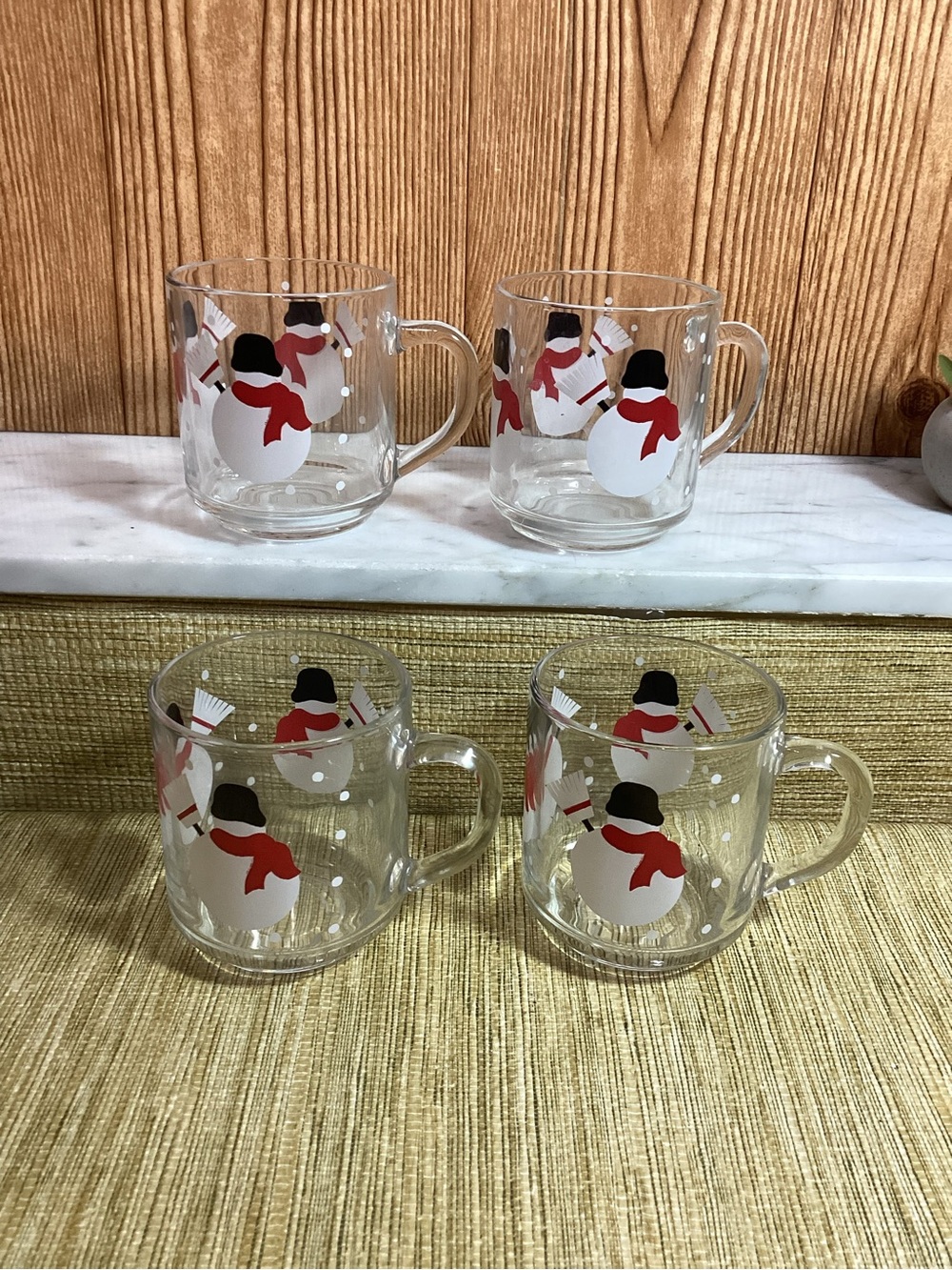 Vintage Luminarc Clear Glass Snowman Mugs with Red Scarves - Set of 4